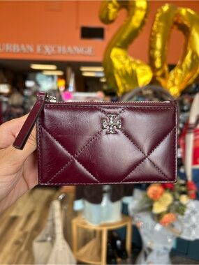 Tory Burch Kira Diamond Quilt Zip Card Case in Dark Carmine